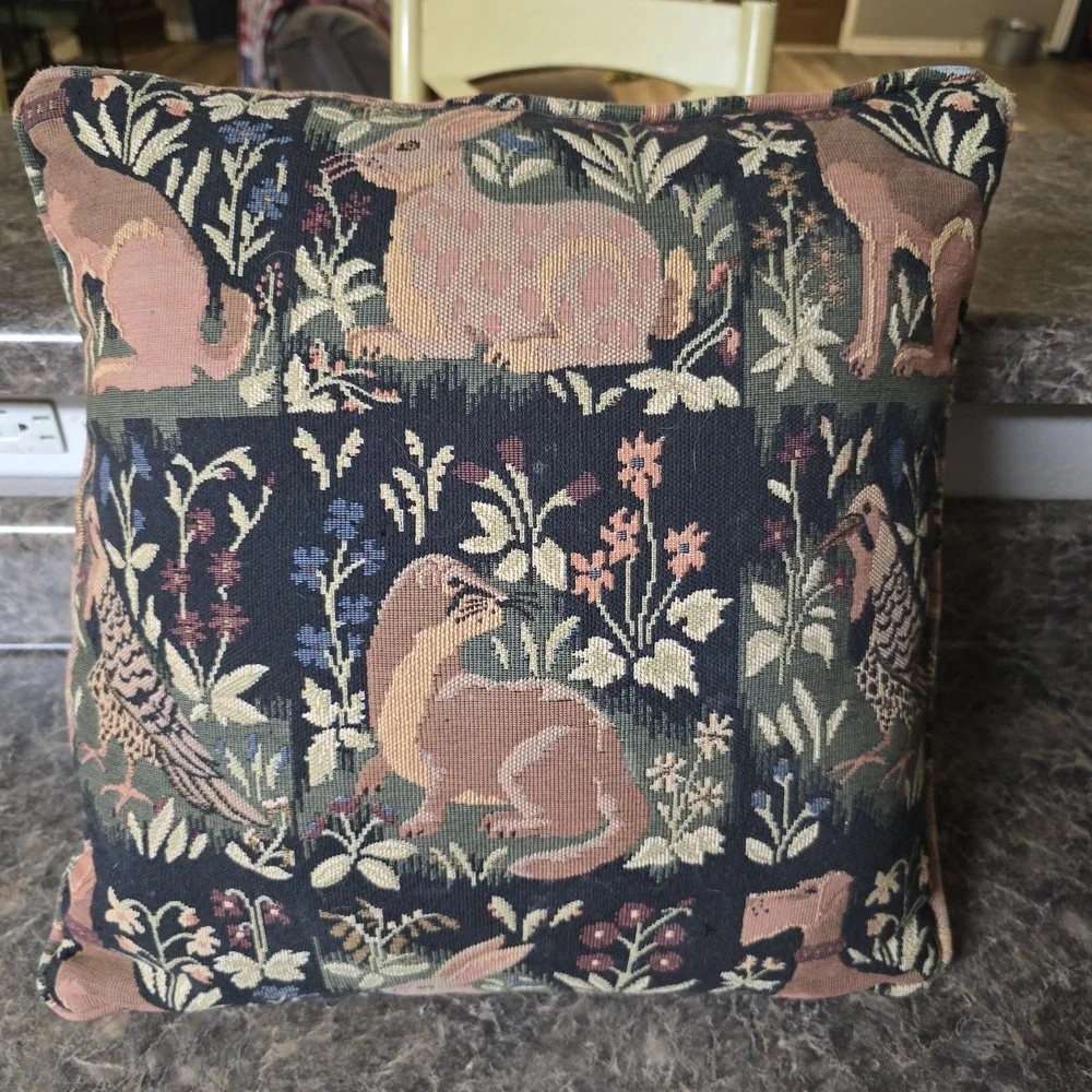 VTG Tapestry Throw Pillow Forest Animals Dog Rabbit Bird Otter 16x16 Cottagecore